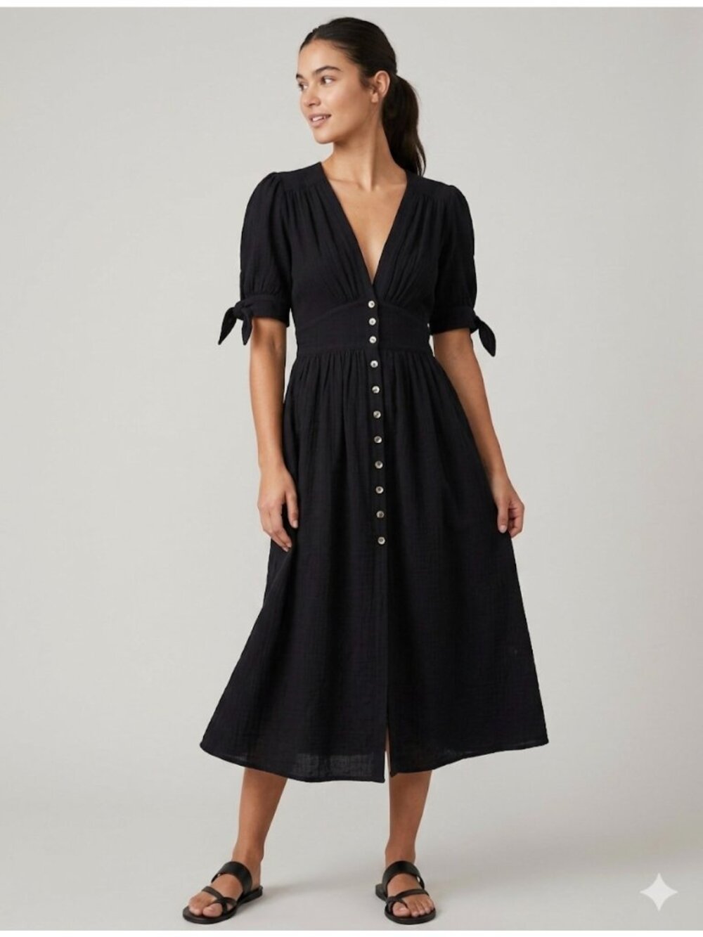 Free People Women’s Black Button-Down Midi Dress Tie Sleeves V-Neckline Size S